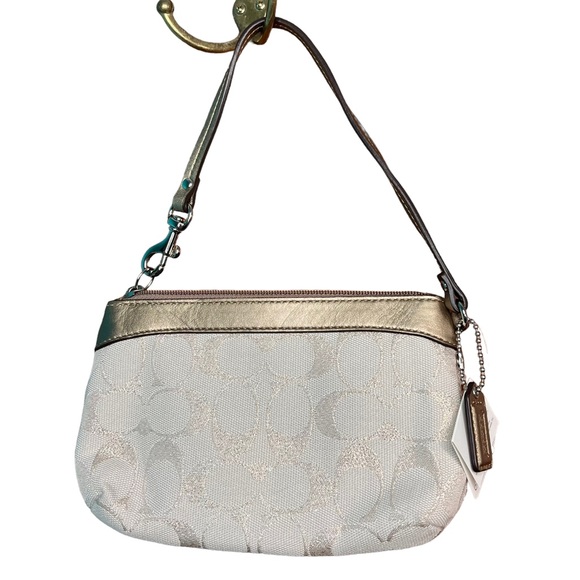 Coach Metallic Gold/Khaki Signature Pleated Wristlet Handbag New - Picture 2 of 10